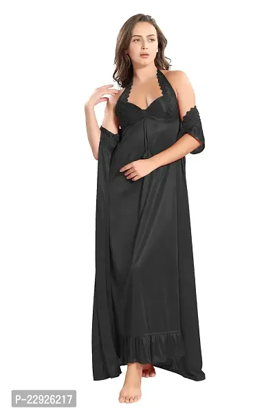 Reposey Women Black Satin Solid Nighty With Robe (Free Size )