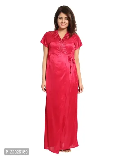 Reposey Women Red Satin Solid Nighty With Robe (Free Size )-thumb3