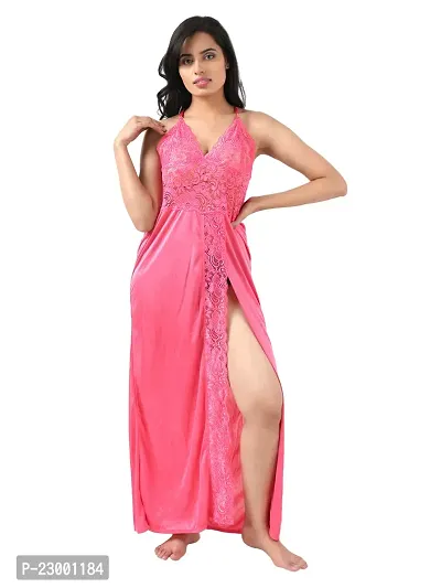 Satin Solid Maxi Length Nightgown (Pink_Free Size)-thumb0