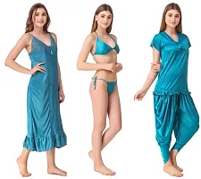 Satin Solid Nighty with Robe, Pajama with Top and Bra with Panty (Blue_Free Size) Nightwear Set Pack of 6-thumb2