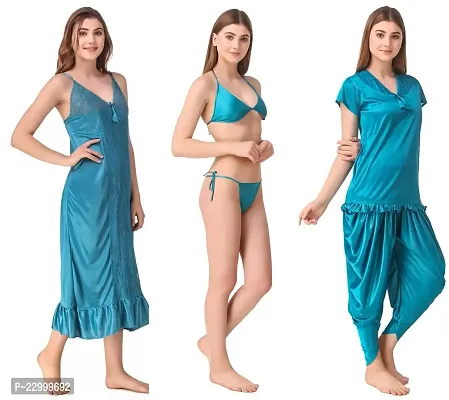 Satin Solid Nighty with Robe, Pajama with Top and Bra with Panty (Blue_Free Size) Nightwear Set Pack of 6-thumb3