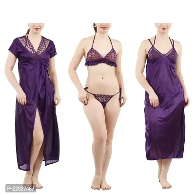 Stylish Casual Purple Solid Satin Nightdress For Women