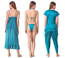 Satin Solid Nighty with Robe, Pajama with Top and Bra with Panty (Blue_Free Size) Nightwear Set Pack of 6-thumb1