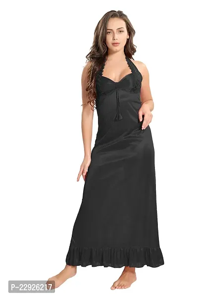 Reposey Women Black Satin Solid Nighty With Robe (Free Size )-thumb2