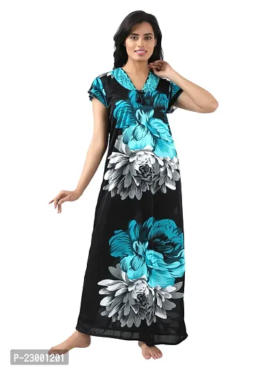 Satin Floral Maxi Length Nightgown (Green_Free Size)