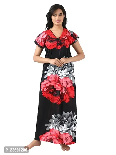 Satin Floral Maxi Length Nightgown (Red_Free Size)