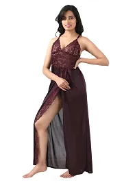 Satin Solid Maxi Length Nightgown (Brown_Free Size)-thumb3