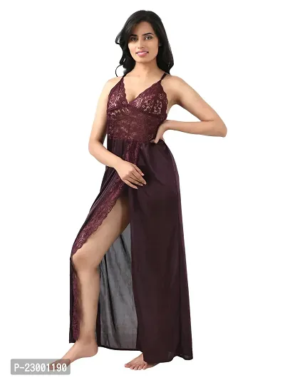 Satin Solid Maxi Length Nightgown (Brown_Free Size)-thumb4