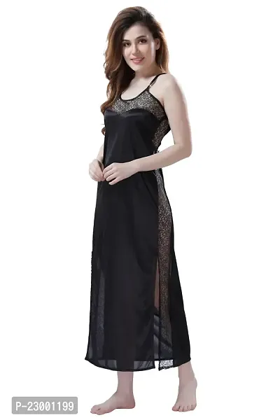 Satin Solid Maxi Length Nightgown (Black_Free Size)-thumb3