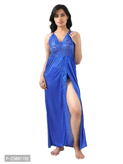 Satin Solid Maxi Length Nightgown (Blue_Free Size)