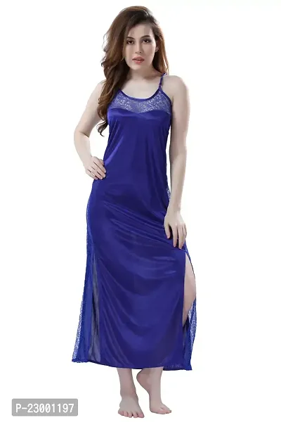 Satin Solid Maxi Length Nightgown (Blue_Free Size)