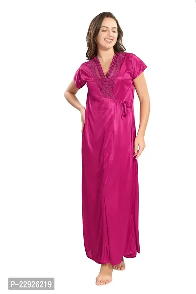 Reposey Women Magenta Satin Solid Nighty With Robe (Free Size )-thumb3