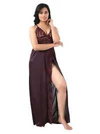 Satin Solid Maxi Length Nightgown (Brown_Free Size)-thumb2