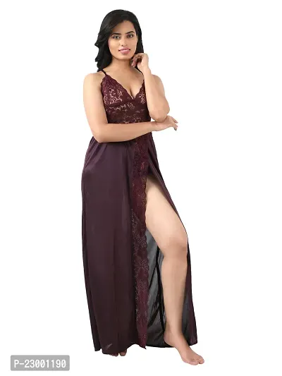 Satin Solid Maxi Length Nightgown (Brown_Free Size)-thumb3