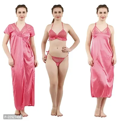 Stylish Casual Pink Solid Satin Nightdress For Women