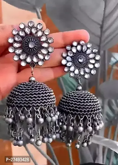 Trendy Black Brass American Diamond Jhumkas Earrings For Women-thumb0