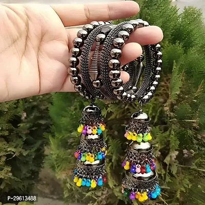 Vibrant Oxidized Silver Bangles with Multicolor Beaded Jhumkas - Perfect for Women and Girls.