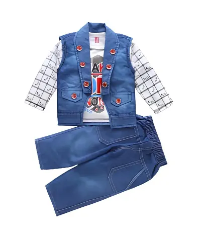 Elegant Blue Self Pattern Cotton Blend Clothing Set For Boys