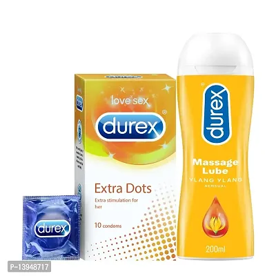 Durex Extra Dotted Condoms for Men - 10 Count with Durex Lube Sensual Massage and Lubricant Gel for Men  Women - 200ml | Water based lube | Compatible with toys | Ribbed and Dotted for Extra Stimulation-thumb0