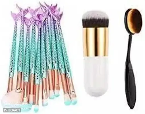 10 Pcs Mermaid Makeup Brush Set Chubby Fish + Foundation Brush + Oval Brush ( 12 Items Combo Set )-thumb0