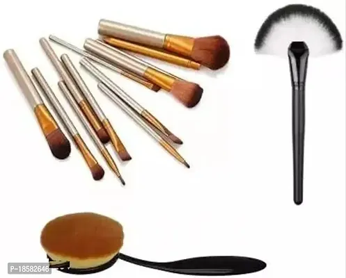 Combo Set Of Fan Brush + 12 In 1 Golden Brushes (Pack Of 14) Makeup Brushes-thumb0