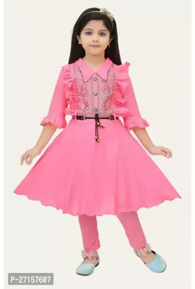 Elegant Pink Crepe Self Pattern Frocks For Girls-thumb0