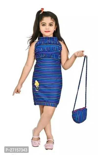 Elegant Blue Crepe Striped Dresses with Handbags For Girls-thumb0