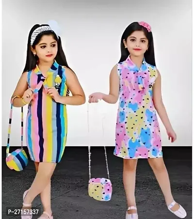 Elegant Cotton Blend Self Pattern Dresses with Handbags For Girls- Pack Of 2-thumb0
