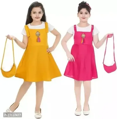 Elegant Crepe Solid Dungaree with Handbag Set For Girls- Set Of 2-thumb0