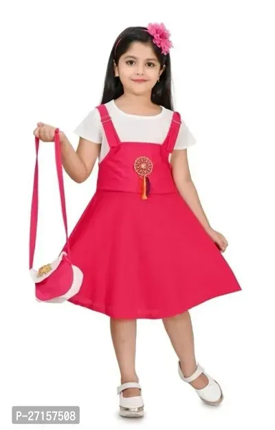 Elegant Red Crepe Solid Dungaree with Handbag Set For Girls-thumb0