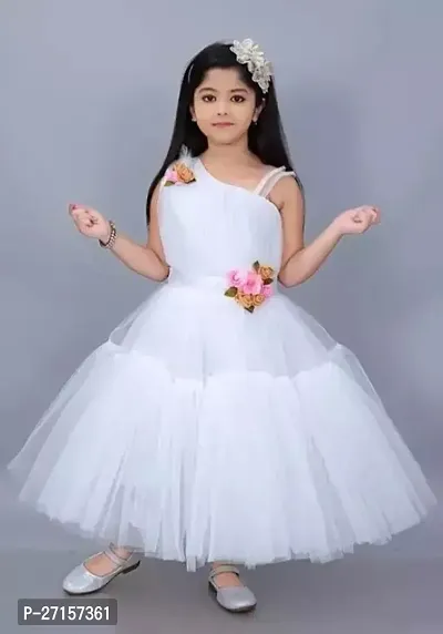 Elegant White Net Solid Dresses For Girls-thumb0