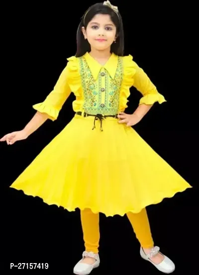 Elegant Yellow Crepe Self Pattern Dresses For Girls