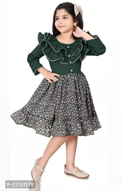 Elegant Green Cotton Blend Printed Frocks For Girls