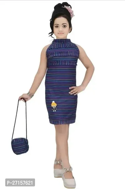 Elegant Blue Cotton Blend Striped Dresses with Handbags For Girls-thumb0