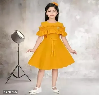 Elegant Yellow Cotton Blend Solid Frocks For Girls