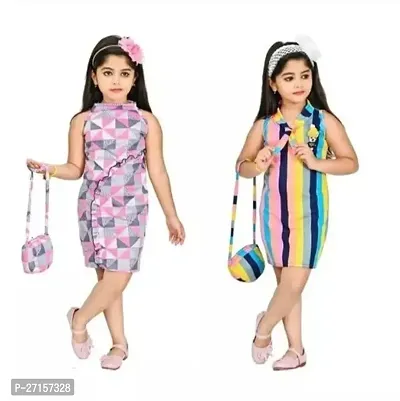 Elegant Crepe Self Pattern Dresses with Handbags For Girls- Pack Of 2-thumb0