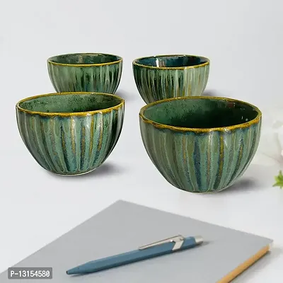 Signowell Glossy Finish Green Antique Designed Serving Bowl |Glossy Finish design| Green Color | Pasta Bowl | Muskmelon Design| Capacity 300 ml (Pack of 4)-thumb2