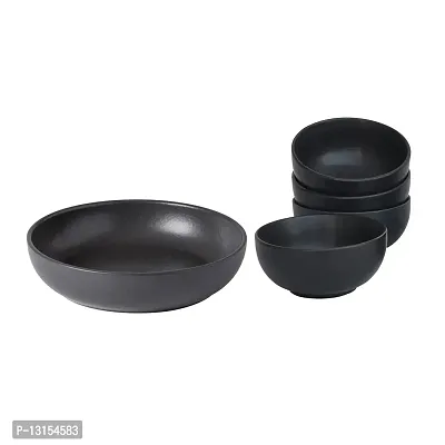 Signowell Mate Finish Black Stone Designed Serving Bowl with 4 Small Bowl | Mate Finish design for looking good | Mate Black Color | Pasta Bowl | Black Stone Design| Capacity 600 ml, 130 ml (Set of 5 Pieces)-thumb0