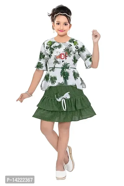 Girls Knee Length Skirt TOP Fancy Green Butter Fly (9-10 Years)-thumb2