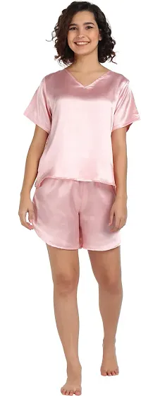 Stylish Pink Satin Solid Night Top with Shorts Set For Women-thumb0