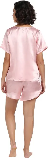 Stylish Pink Satin Solid Night Top with Shorts Set For Women-thumb2