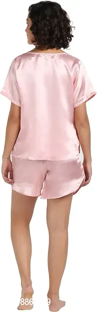 Stylish Pink Satin Solid Night Top with Shorts Set For Women-thumb3