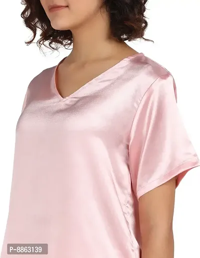 Stylish Pink Satin Solid Night Top with Shorts Set For Women-thumb4