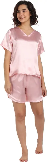 Stylish Pink Satin Solid Night Top with Shorts Set For Women-thumb4