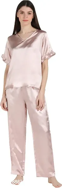 Stylish Pink Satin Solid Night Top with Pajama Set For Women