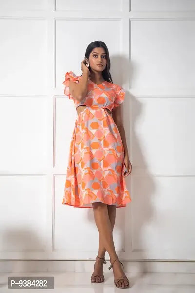 Trendy Women Peach crepe printed cutout waist midi dress-thumb0