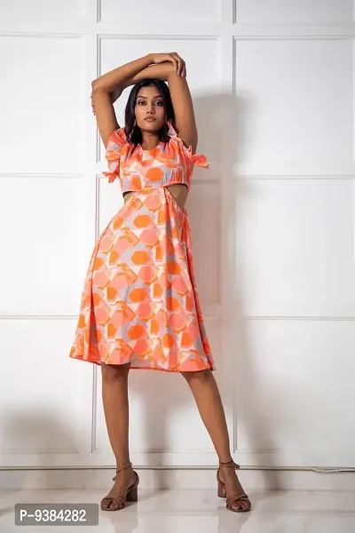 Trendy Women Peach crepe printed cutout waist midi dress-thumb2