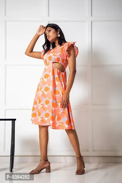 Trendy Women Peach crepe printed cutout waist midi dress-thumb3