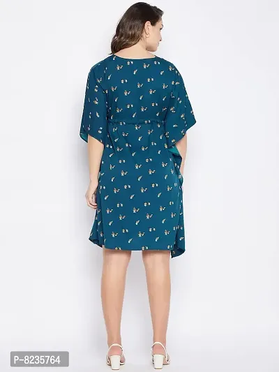 Serein Women's Kaftan Dress (Teal Blue Crepe Printed Kaftan Knee Length Dress with Adjustable Waist String & v-Neck)_X-Large-thumb3