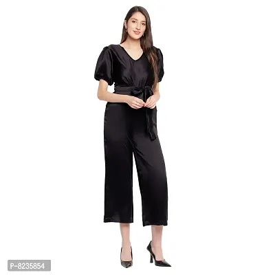 Serein Women's Jumpsuit (Black solid stretchable jumpsuit with half puff sleeves  v-neck)